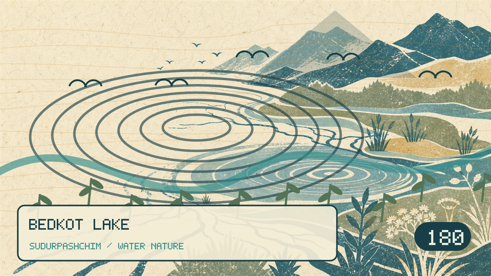 ベドコット湖の水紋、流域線、植物・野鳥の記号を切り絵・版画・リソグラフ調で表した編集グラフィック